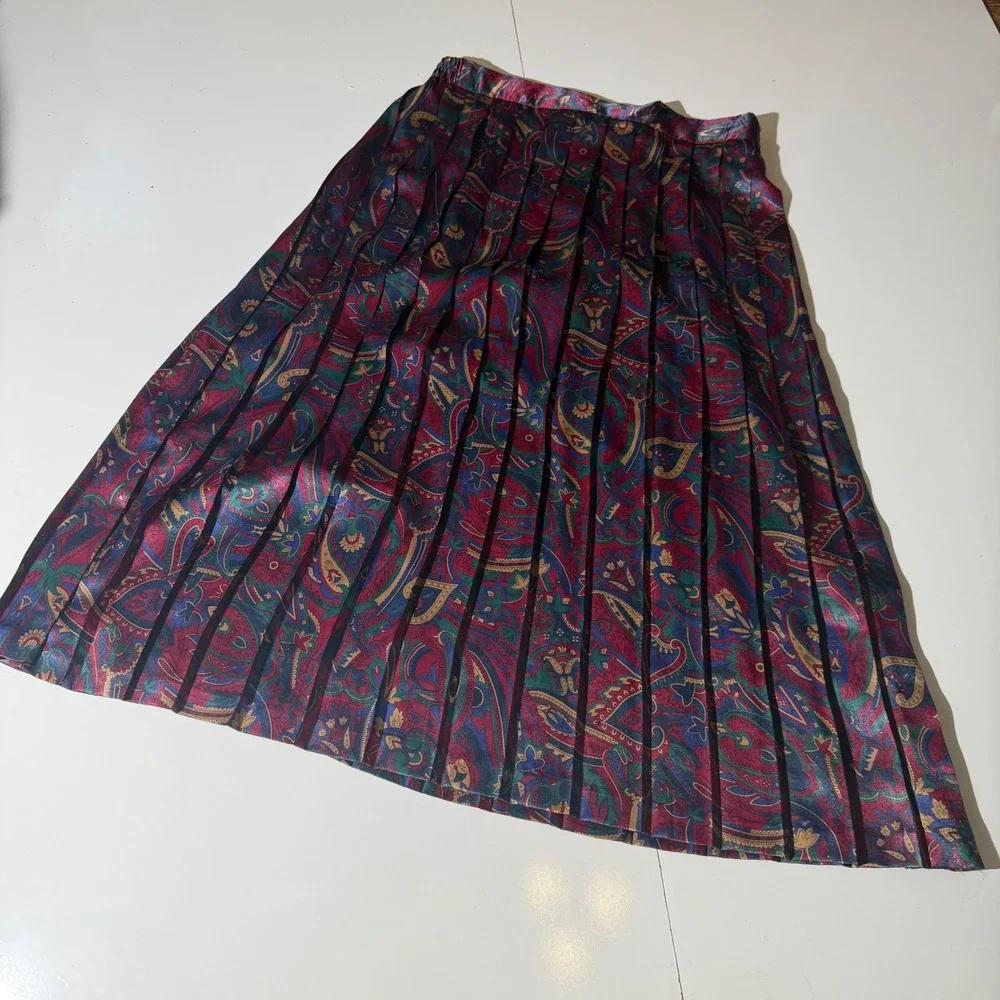 Koret Vintage Paisley Pleated Midi Skirt Jewel Tone Burgundy Teal Size 16